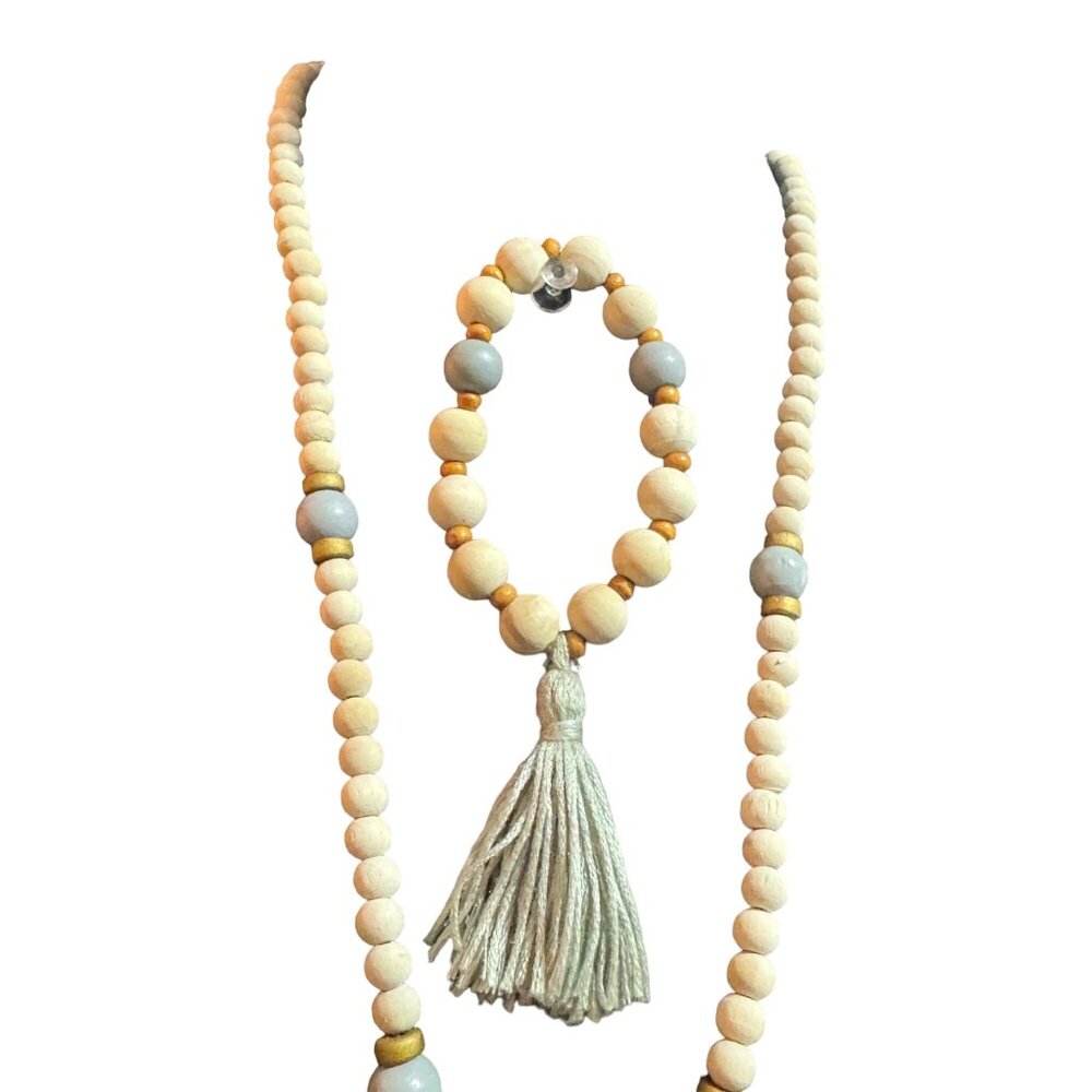 Wood Bead & Tassel Necklace Bracelet Set With Ceramic Accent - Picture 3 of 4